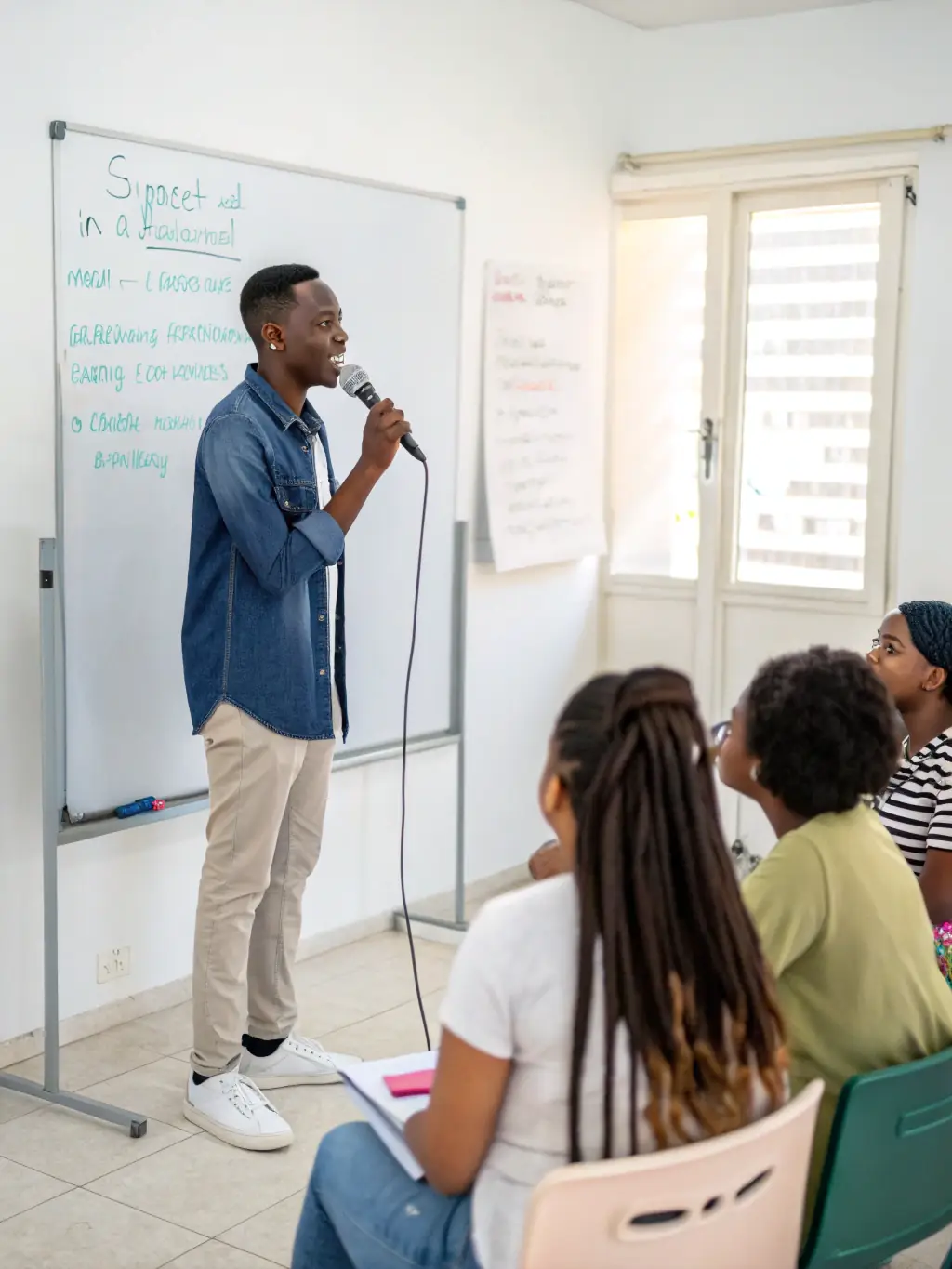 A group of students collaborating on an IELTS speaking practice session, receiving real-time feedback from their instructor.