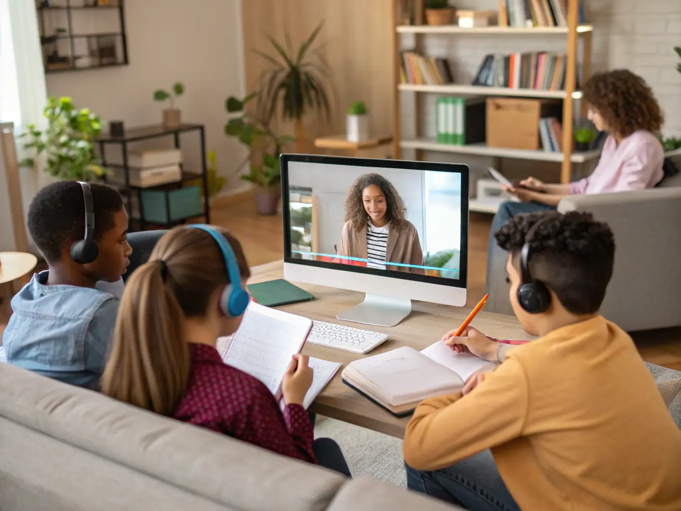 An image of students taking an online mock exam with a native-speaking instructor providing feedback, specifically for the IELTS exam.