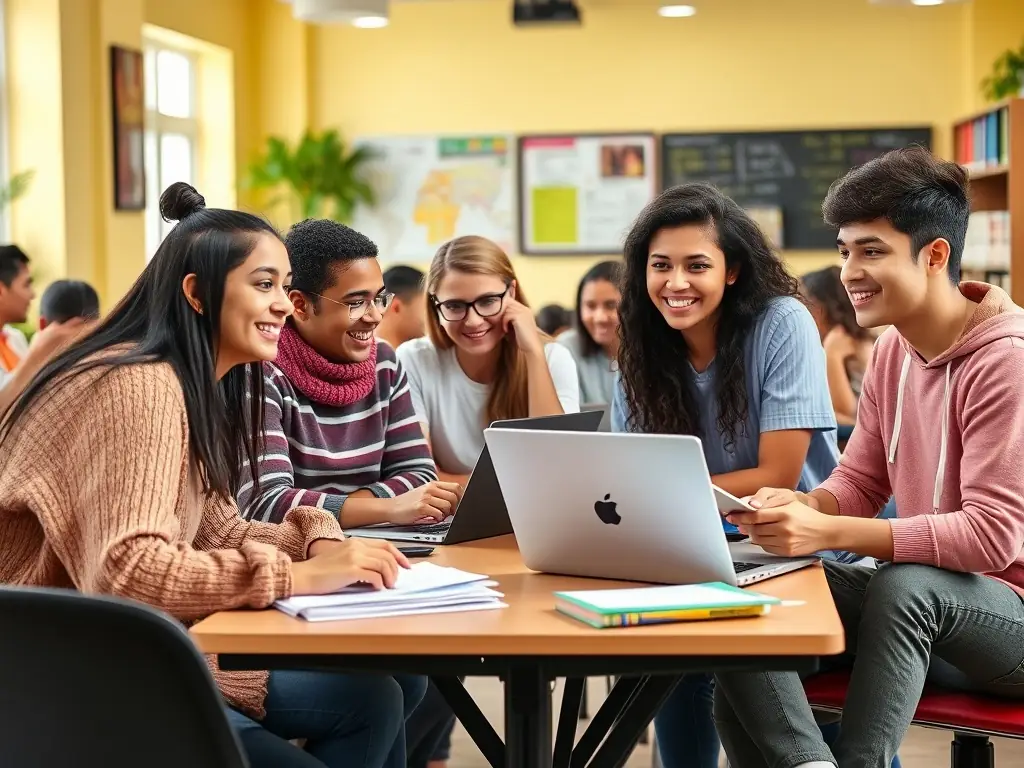 A diverse group of students from around the world participating in an interactive online language class, laughing and engaging with the instructor.